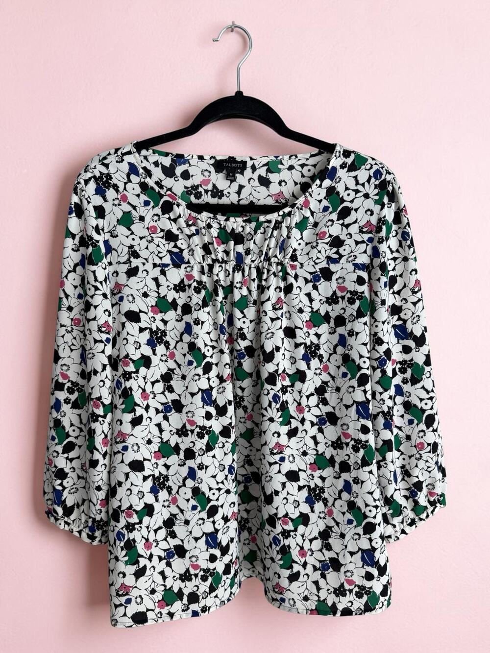 TALBOTS Sz M 3/4 Sleeve Blouse Floral Print Flowy Top White Black Pink Green